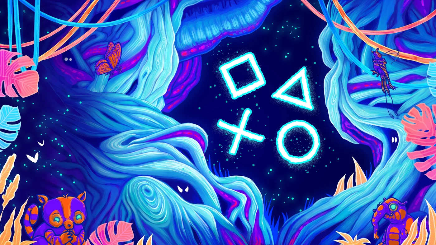 Vibrant abstract space-themed digital artwork with symbols.